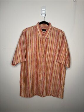 Riscatto Striped Short-Sleeve Button-Down Shirt in Orange and Pink (Italian Made